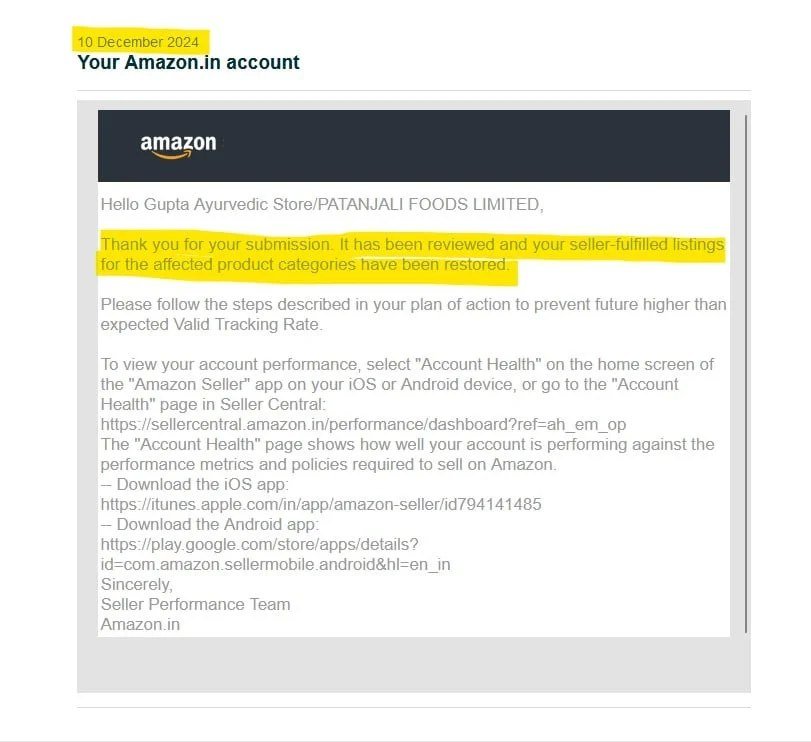 Amazon email confirming a seller account was reinstated (case 1), shared with the client's permission