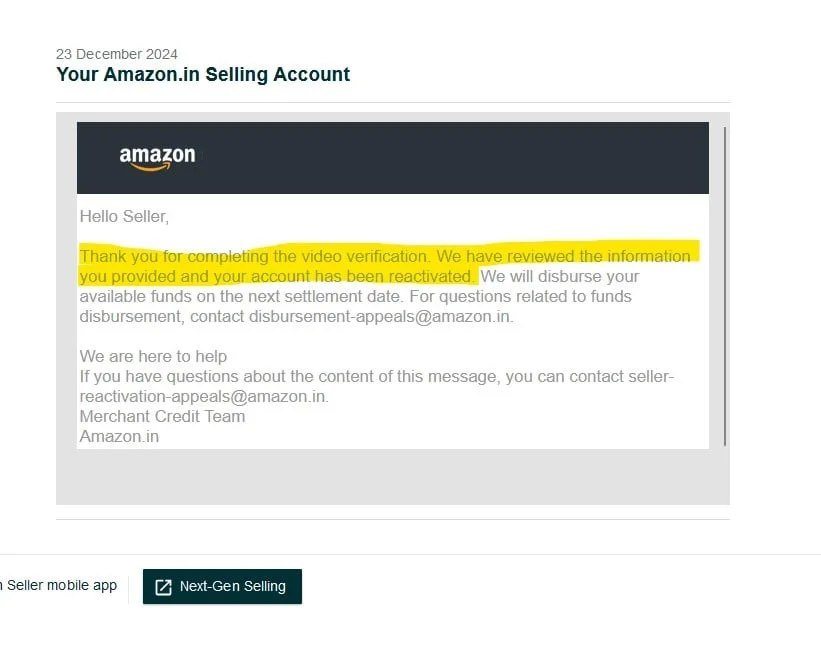 Real Amazon reinstatement notice