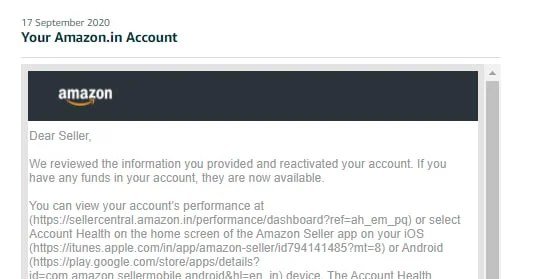 Amazon email confirming a seller account was reinstated (case 3), shared with the client's permission