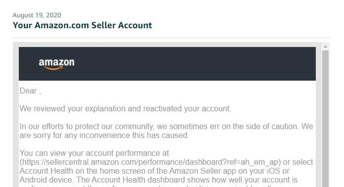 Amazon email confirming a seller account was reinstated (case 4), shared with the client's permission