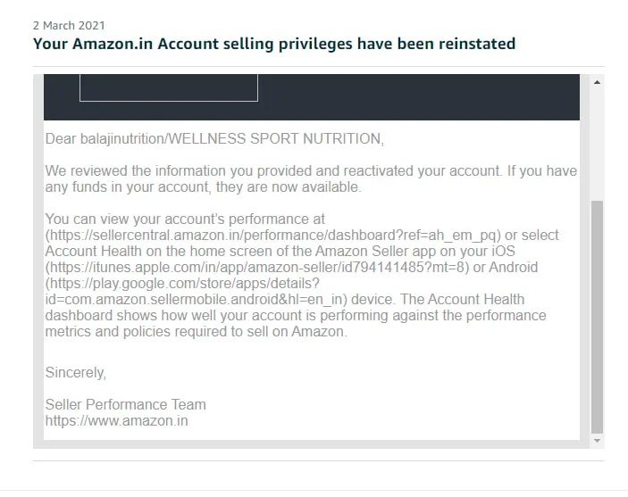 Amazon email confirming a seller account was reinstated (case 5), shared with the client's permission