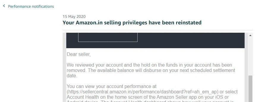 Amazon email confirming a seller account was reinstated (case 6), shared with the client's permission