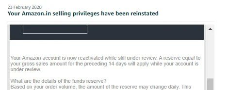 Amazon email confirming a seller account was reinstated (case 8), shared with the client's permission