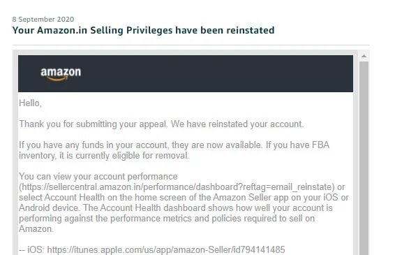 Amazon email confirming a seller account was reinstated (case 11), shared with the client's permission