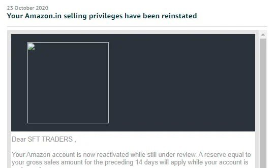 Amazon email confirming a seller account was reinstated (case 12), shared with the client's permission