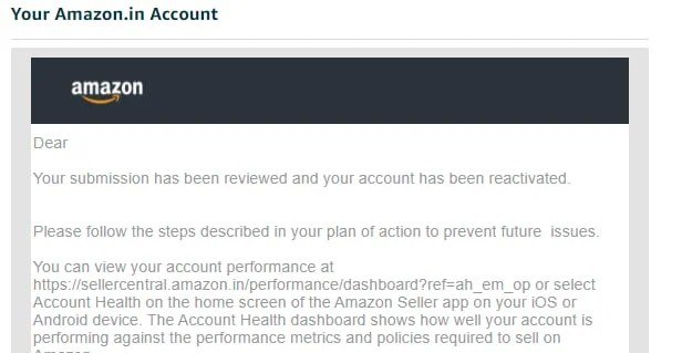 Amazon email confirming a seller account was reinstated (case 13), shared with the client's permission