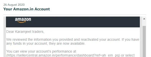 Amazon email confirming a seller account was reinstated (case 14), shared with the client's permission