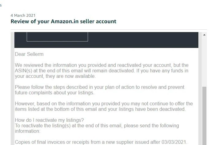 Amazon email confirming a seller account was reinstated (case 16), shared with the client's permission