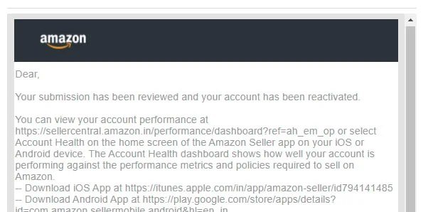 Amazon email confirming a seller account was reinstated (case 18), shared with the client's permission