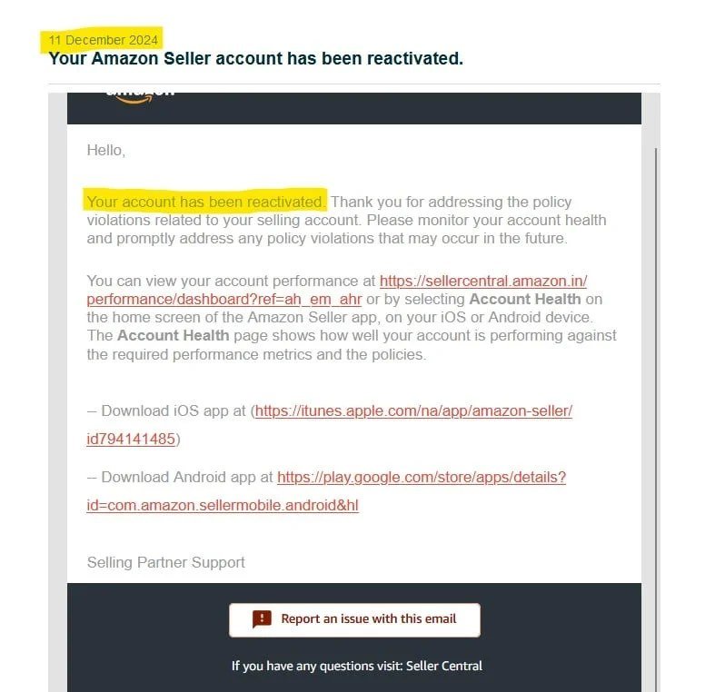 Amazon email confirming a seller account was reinstated (case 20), shared with the client's permission
