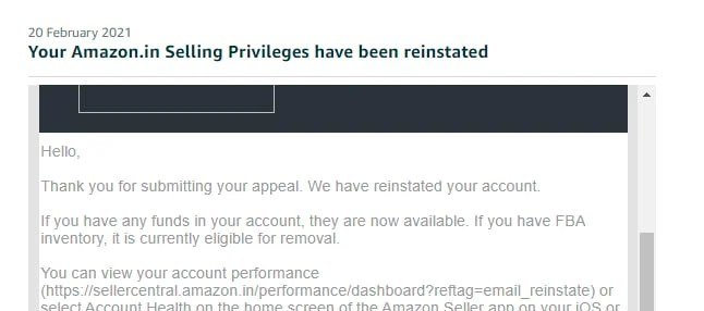 Amazon email confirming a seller account was reinstated (case 22), shared with the client's permission