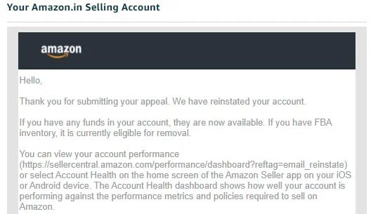 Amazon email confirming a seller account was reinstated (case 23), shared with the client's permission