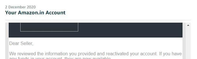 Amazon email confirming a seller account was reinstated (case 24), shared with the client's permission