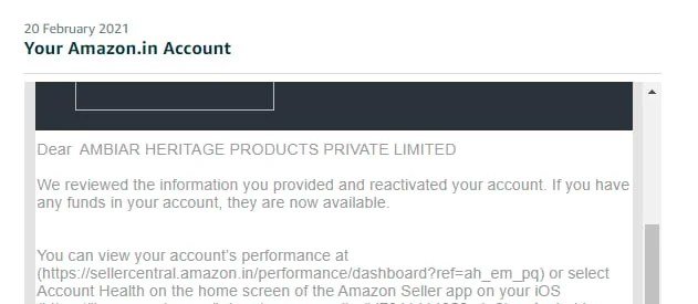 Amazon email confirming a seller account was reinstated (case 25), shared with the client's permission