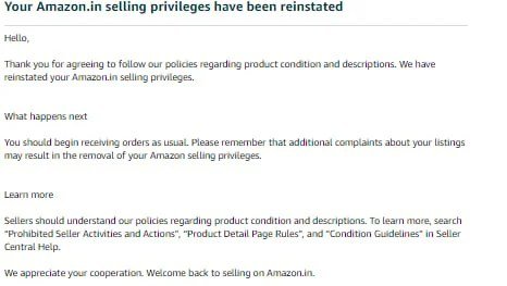 Amazon email confirming a seller account was reinstated (case 26), shared with the client's permission