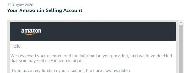 Amazon email confirming a seller account was reinstated (case 27), shared with the client's permission