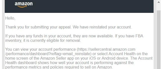 Amazon email confirming a seller account was reinstated (case 28), shared with the client's permission