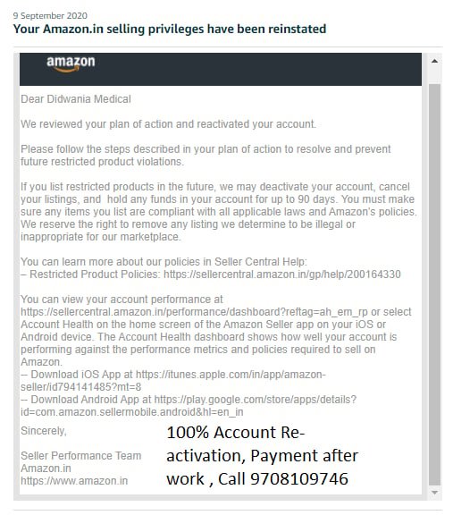 Amazon seller account reinstated, client case 17