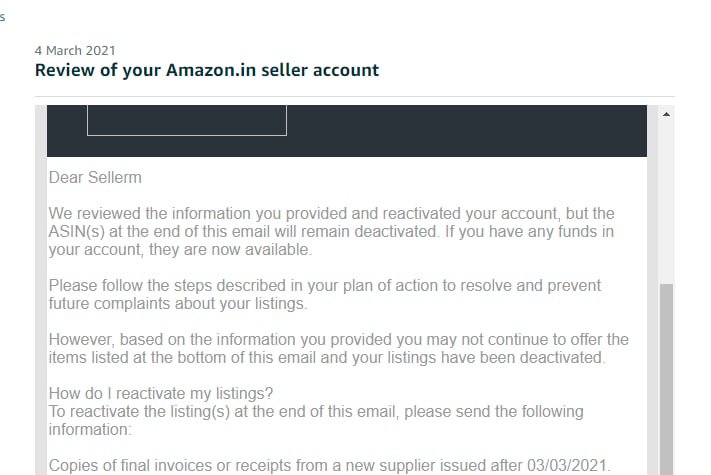 Amazon seller account reinstated, client case 18