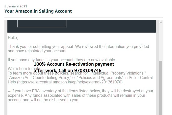 Amazon seller account reinstated, client case 25
