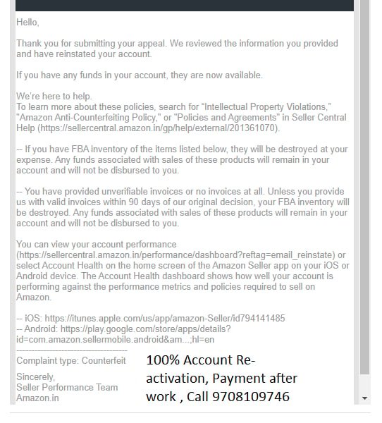 Amazon seller account reinstated, client case 28
