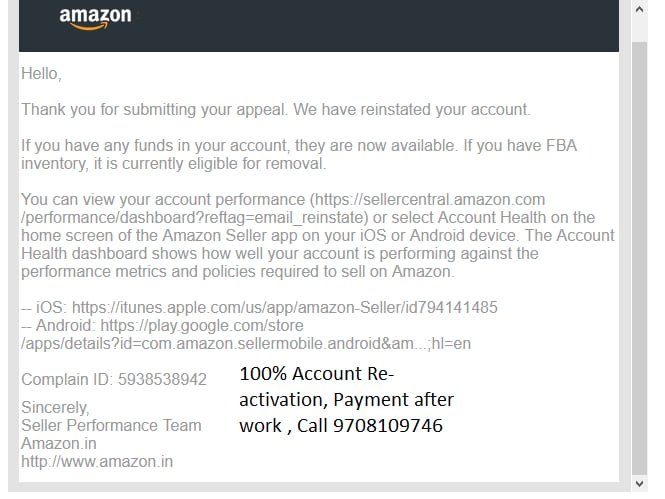 Amazon seller account reinstated, client case 35