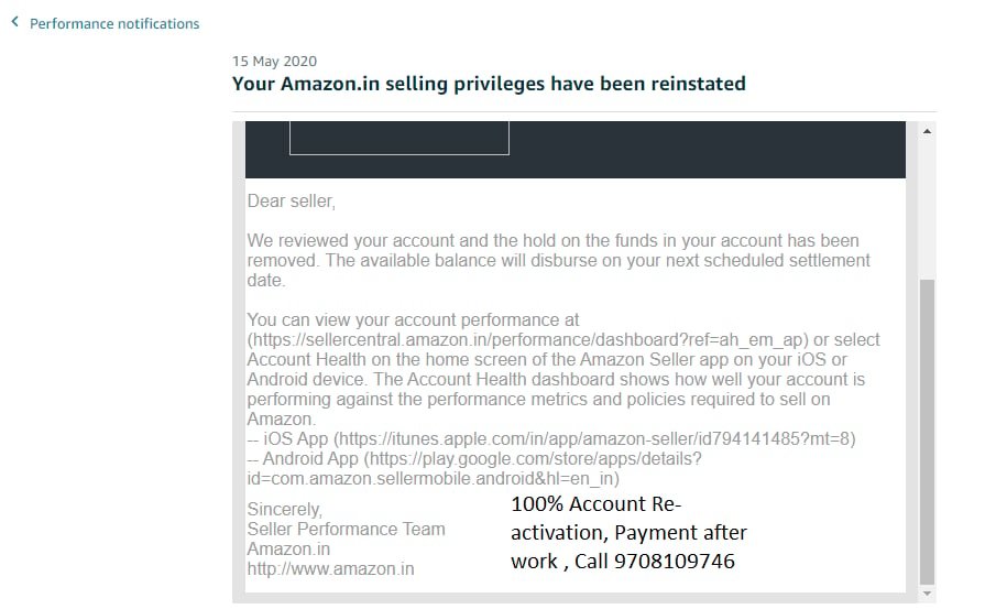 Amazon seller account reinstated, client case 7
